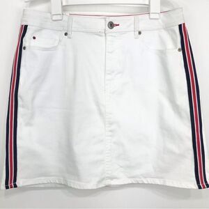 EV1 ALEX Relaxed Vintage White Denim Mini Skirt with Red White Blue Side Trim